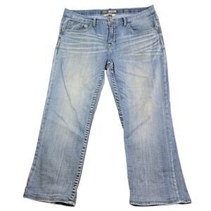 BKE Derek Bootleg Jeans Men's 36x26.5 Distressed Blue Denim Hemmed Worn Stretch